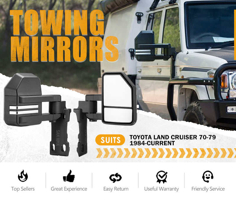 Towing mirrors for Toyota Land Cruiser with vehicle in the background