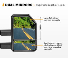 Dual 4x4 towing mirrors with a large flat mirror and a small convex mirror, showing a road view.