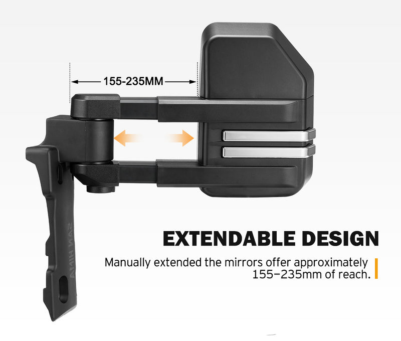 Extendable 4WD towing mirror with measurement details on a white background