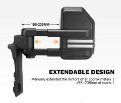 Extendable 4WD towing mirror with measurement details on a white background