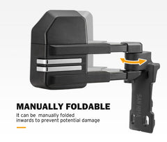 Manually foldable towing mirror with San Hima branding on a white background