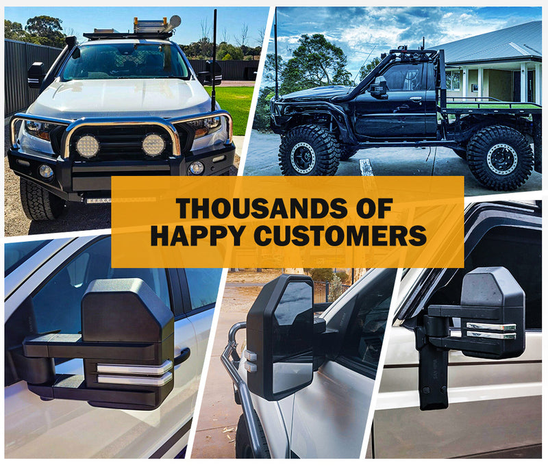 Collage of vehicles with towing mirrors and a text overlay about happy customers.