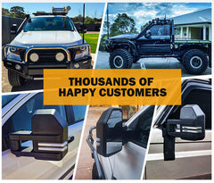 Collage of vehicles with towing mirrors and a text overlay about happy customers.