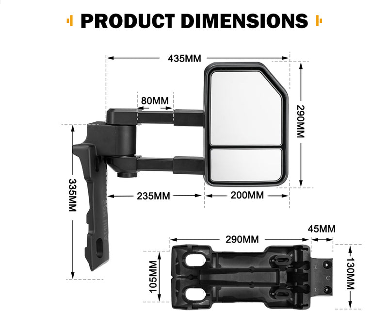 Dimensions of a vehicle side mirror with labeled measurements on a white background