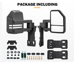 Set of black vehicle mirrors and mounting hardware on a white background