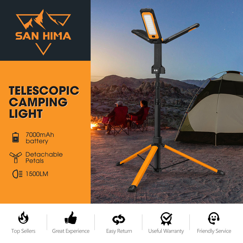 Telescopic camping light with features and branding on an outdoor setting background