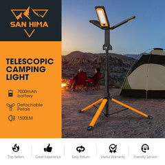 Telescopic camping light with features and branding on an outdoor setting background