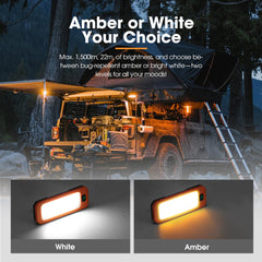 LED Camping lights under a tent with two light options displayed, one white and one amber.