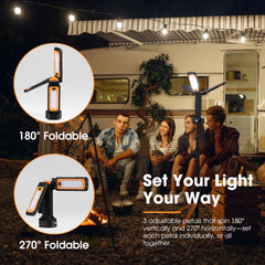 Foldable outdoor light with people sitting around a campfire near an RV.