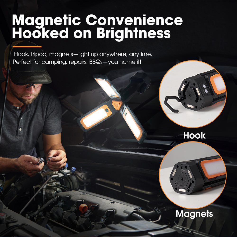 Portable work light with magnetic and hook features, used for automotive repairs.