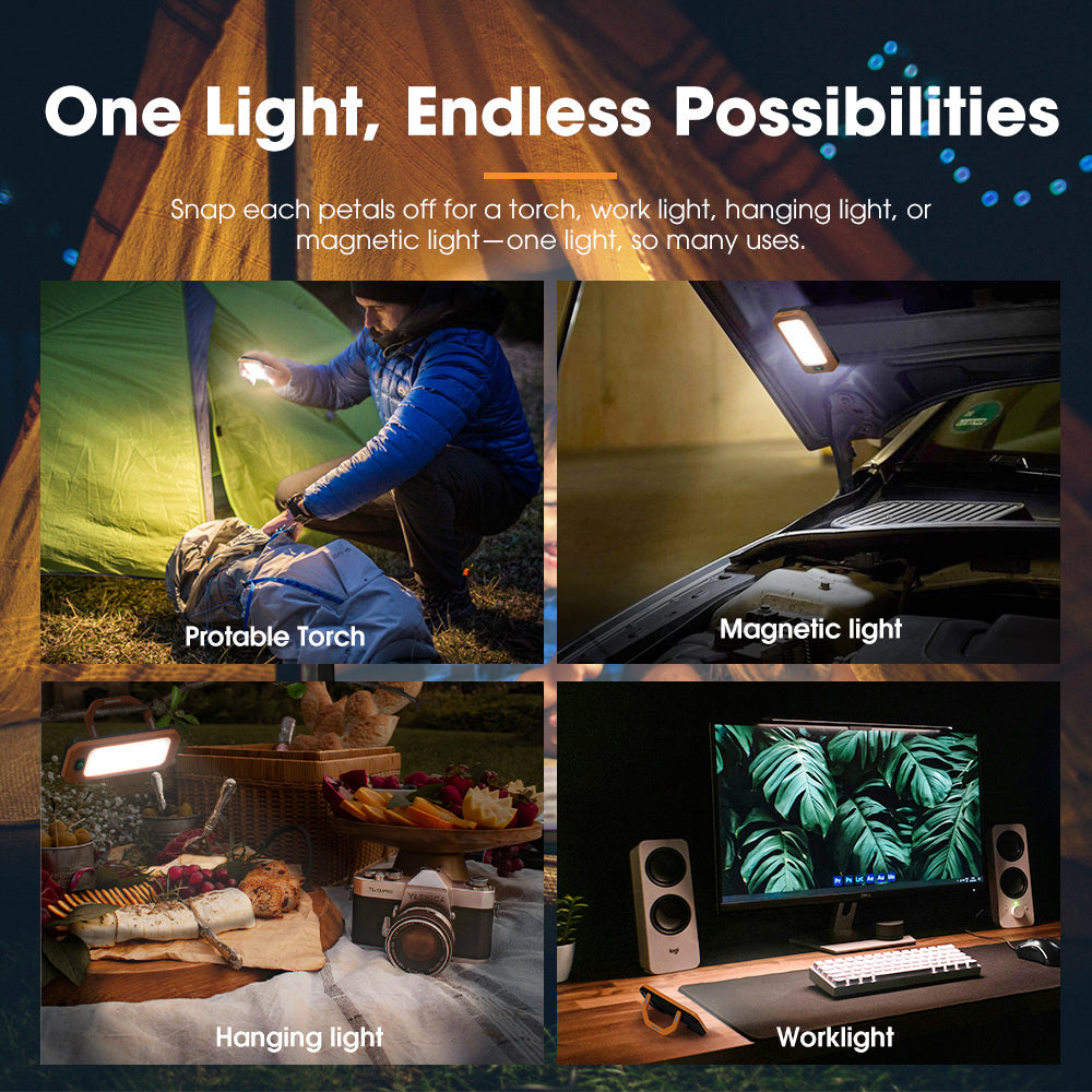 Lighting device with various uses including torch, worklight, hanging light, and magnetic light.