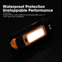 LED work light with waterproof protection feature on a black background