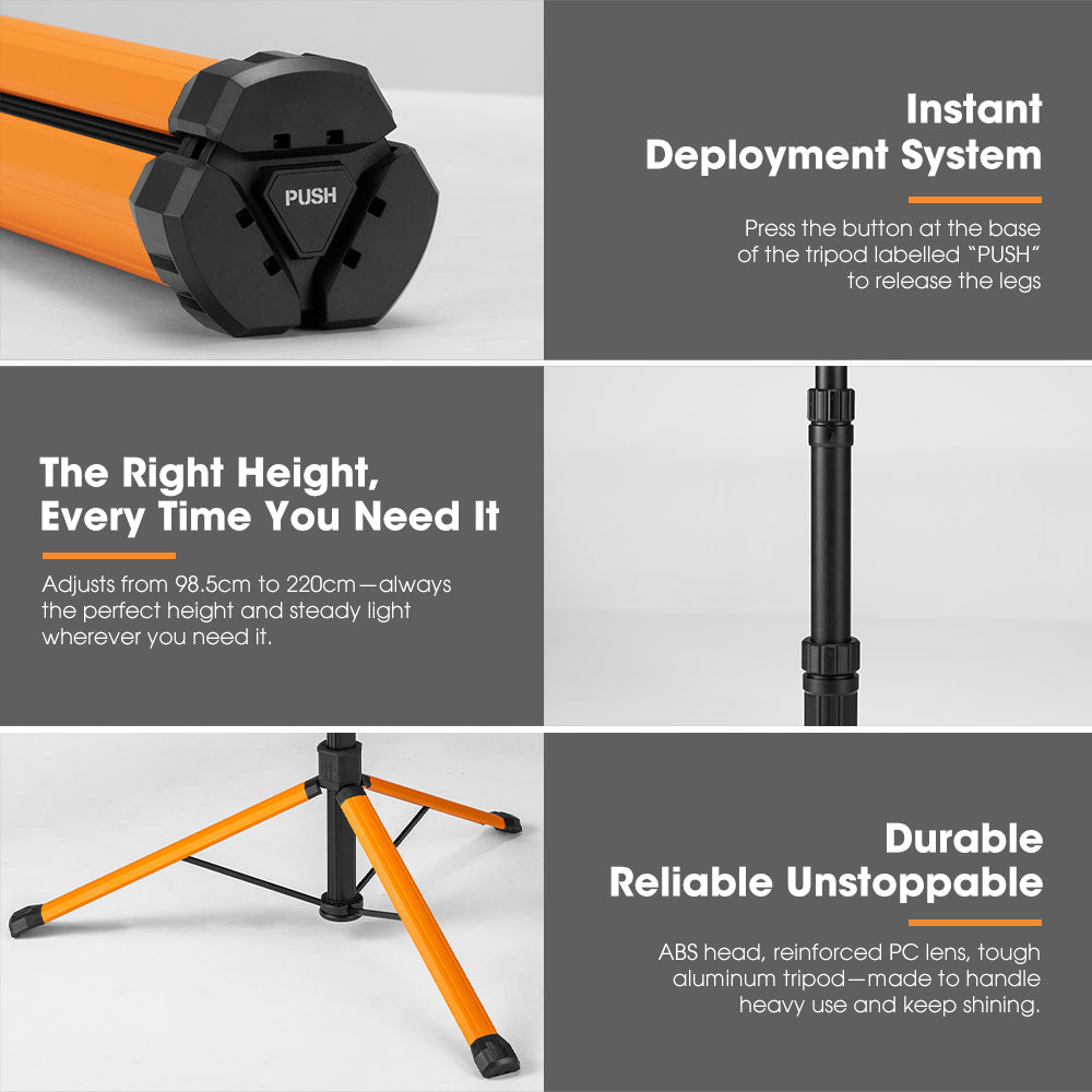 Orange and black tripod light with features highlighted on a grey background