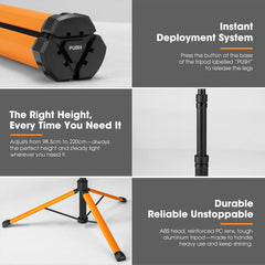 Orange and black tripod light with features highlighted on a grey background