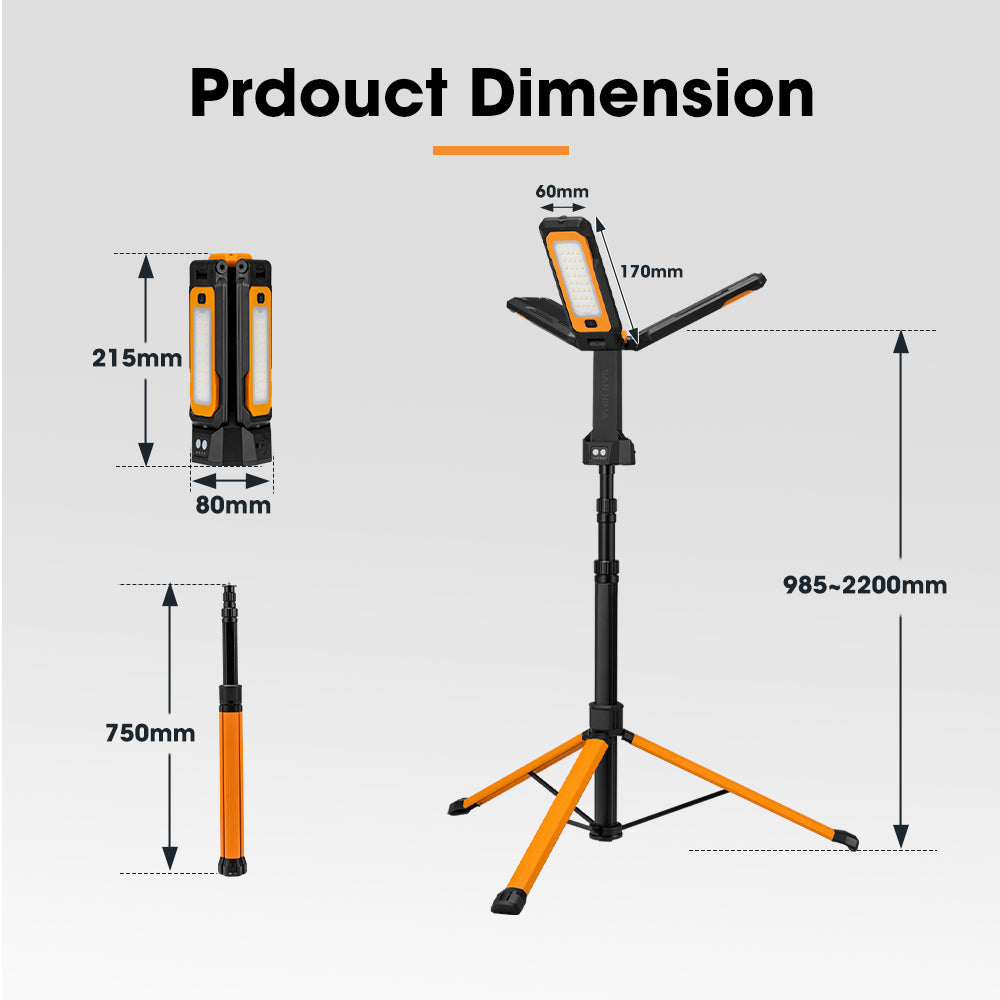 Measurement chart of a portable work light with stand on a grey background