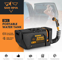 San Hima portable water tank with hose and car wash setup on a white background