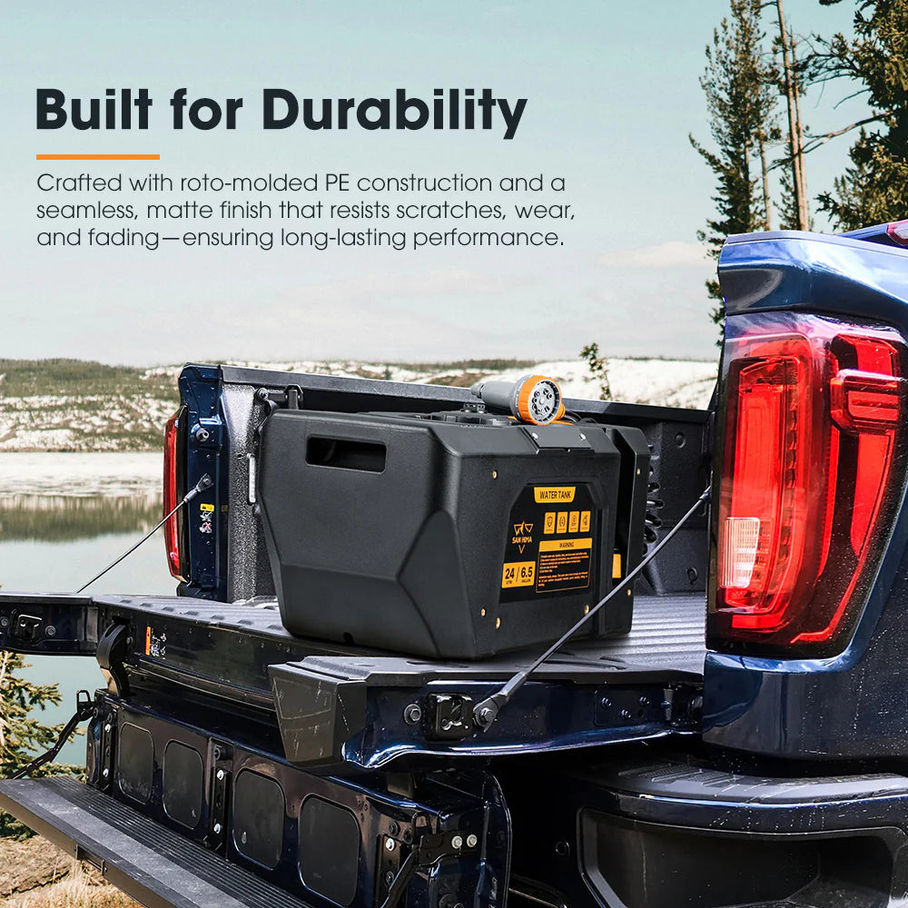 Bakkie with storage box and text about durability