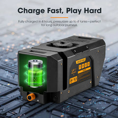 Portable water tank battery with text 'Charge Fast, Play Hard' on a blurred technical background