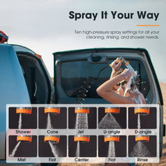 Person using a high-pressure spray gun on a car with spray settings displayed below.