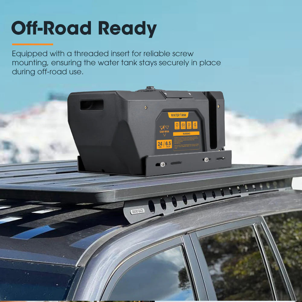 Water tank mounted on a car roof with text about off-road readiness.