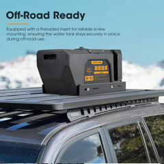 Water tank mounted on a car roof with text about off-road readiness.