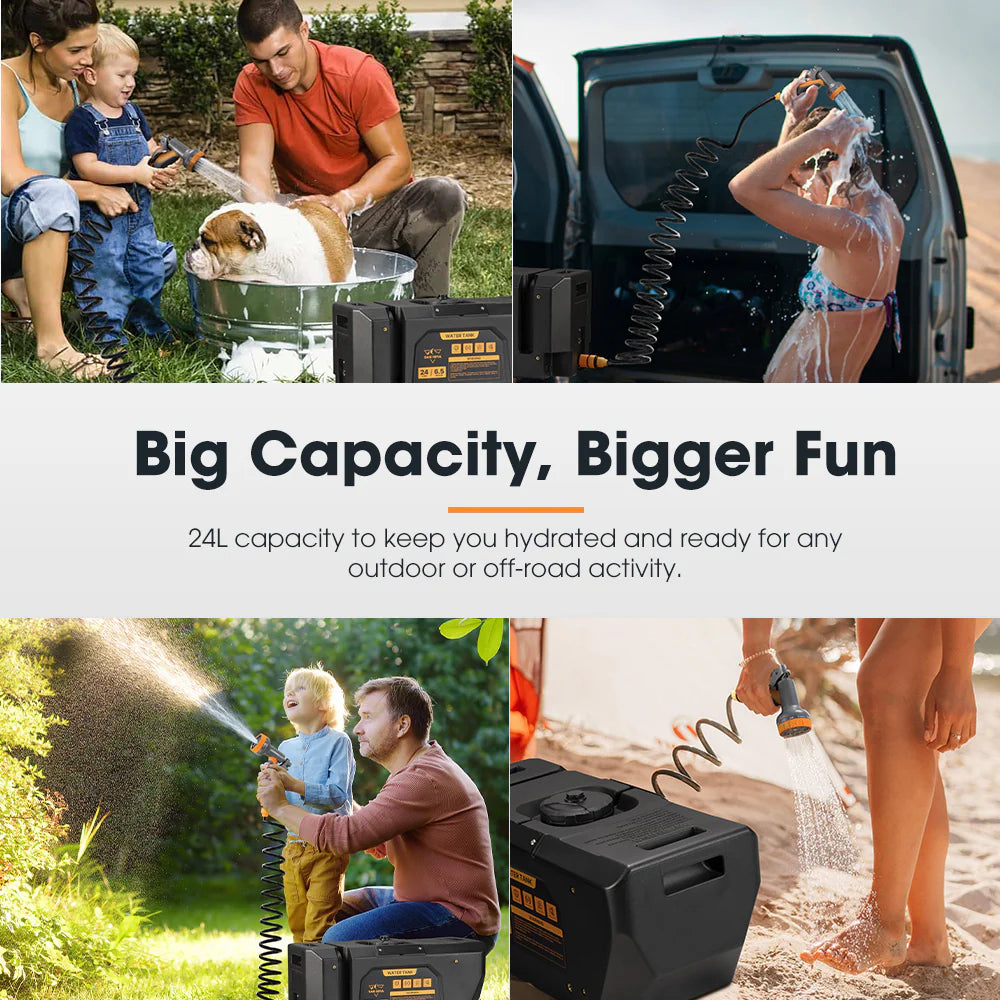 Collage of people using a portable water pump with text highlighting capacity and outdoor use.