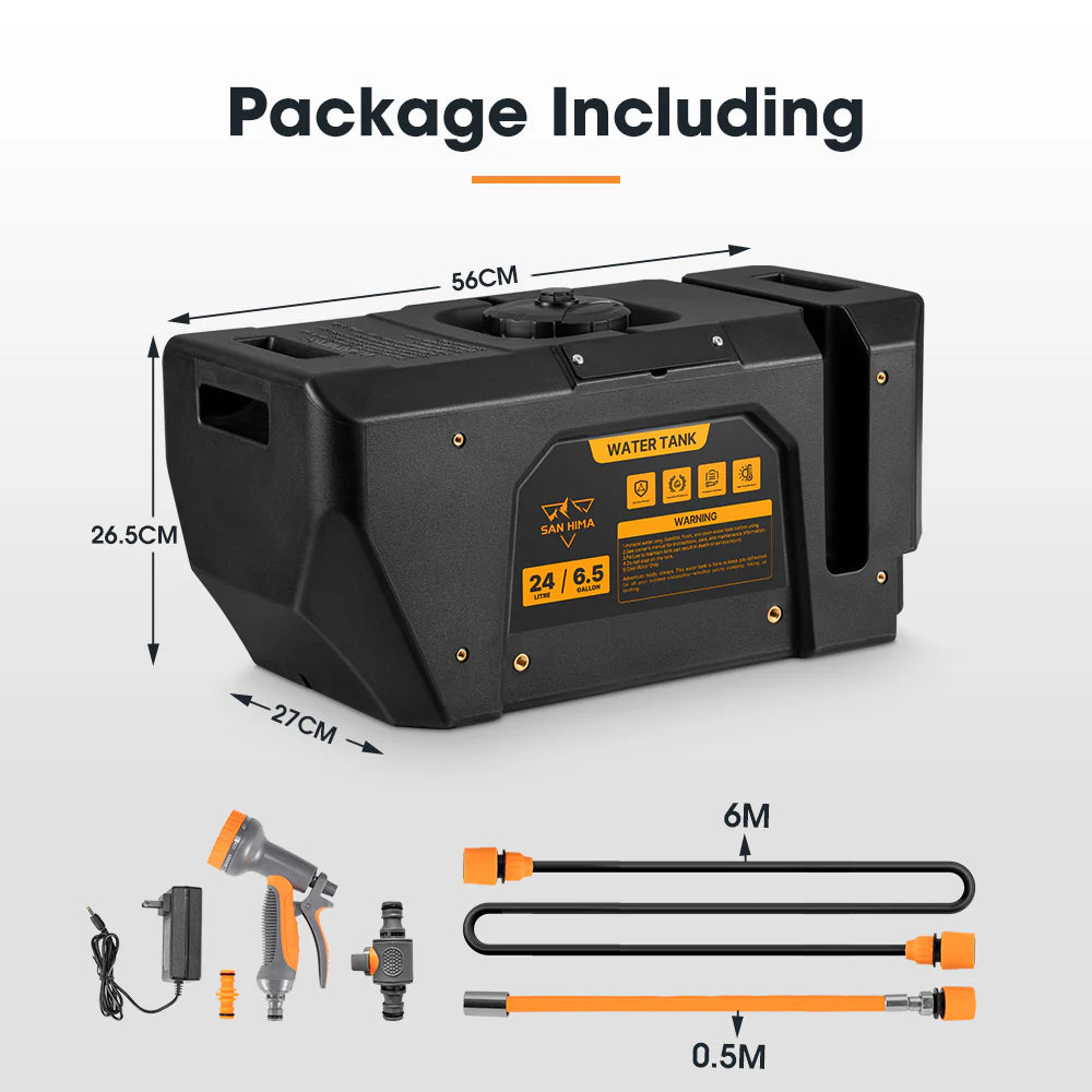 Black water tank with measurement details and included accessories on a white background