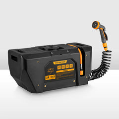 Black, portable camping SAN HIMA water tank with coiled hose and spray nozzle on a white background