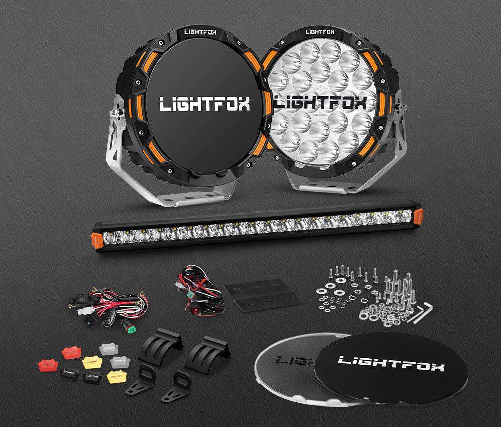 Lightfox OSRAM 9inch LED Driving Lights + 20" Single Row LED Light Bar + Wiring Kit