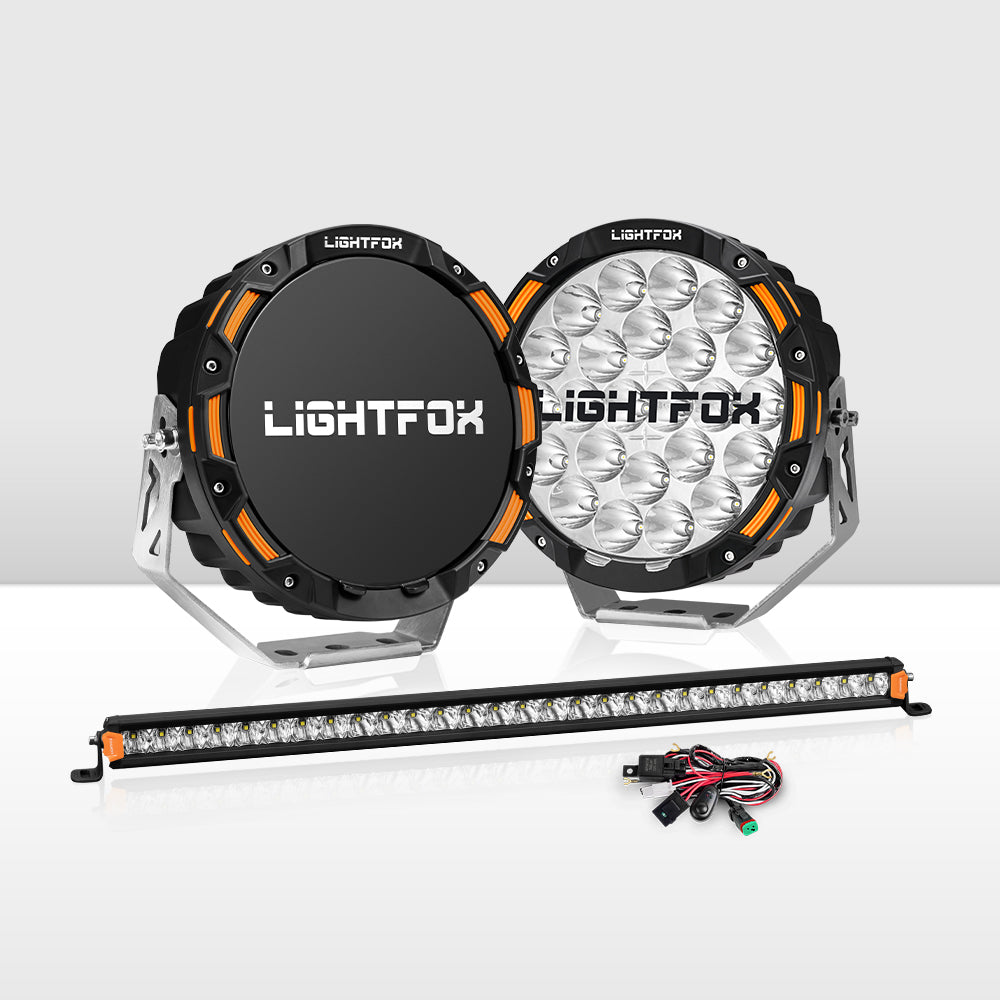 Lightfox OSRAM 9inch LED Driving Lights + 28" Single Row LED Light Bar + Wiring Kit