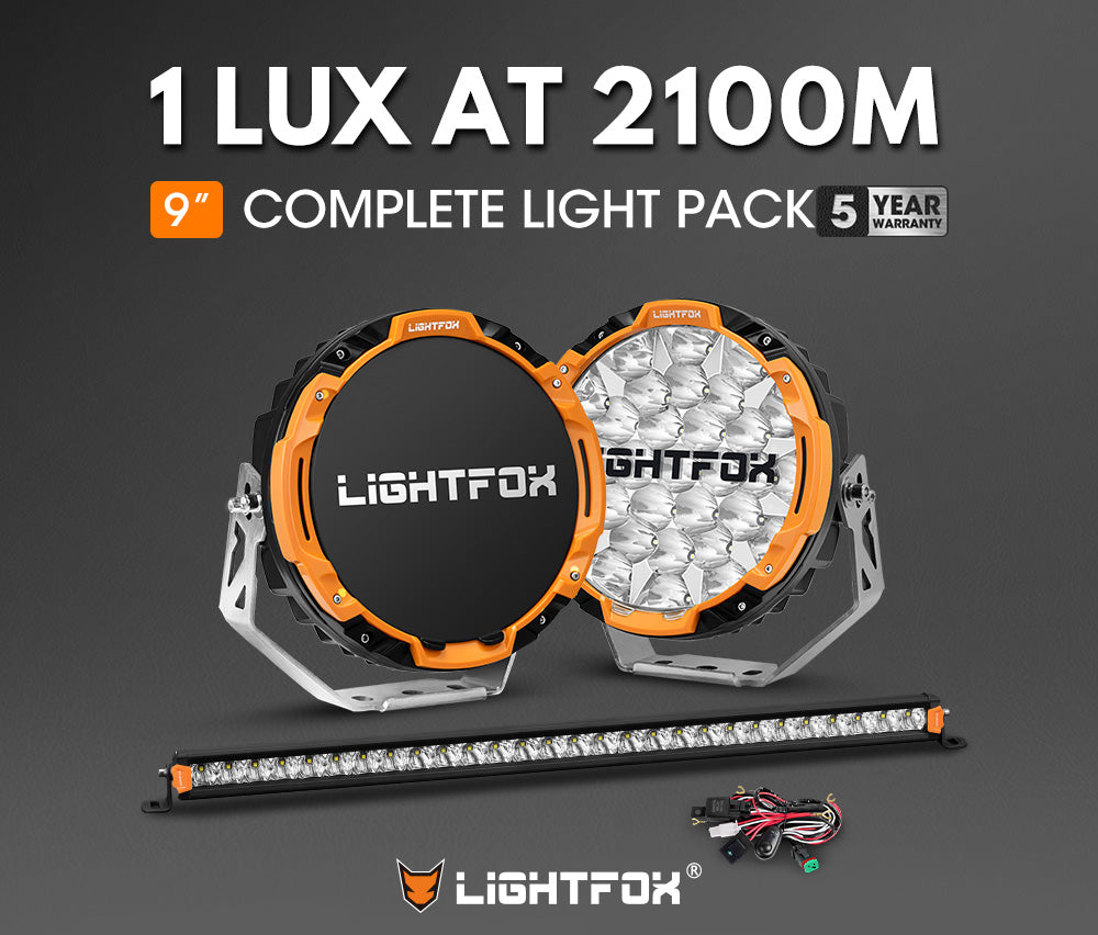 Lightfox Osram 9" LED Driving Lights + 28" Single Row LED Light Bar w/ Wiring Kit