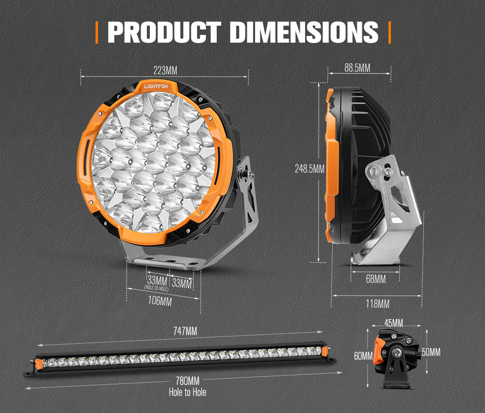 Lightfox Osram 9" LED Driving Lights + 28" Single Row LED Light Bar w/ Wiring Kit
