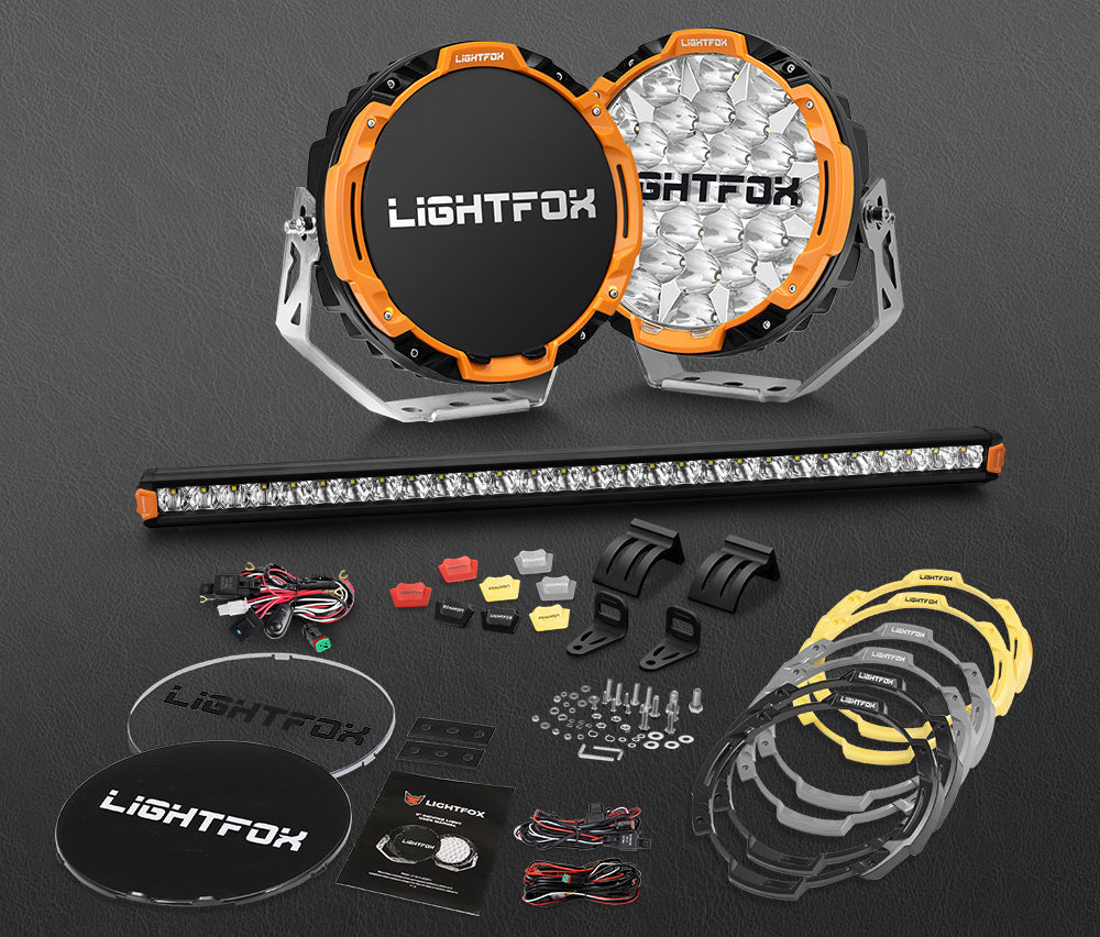 Lightfox Osram 9" LED Driving Lights + 28" Single Row LED Light Bar w/ Wiring Kit