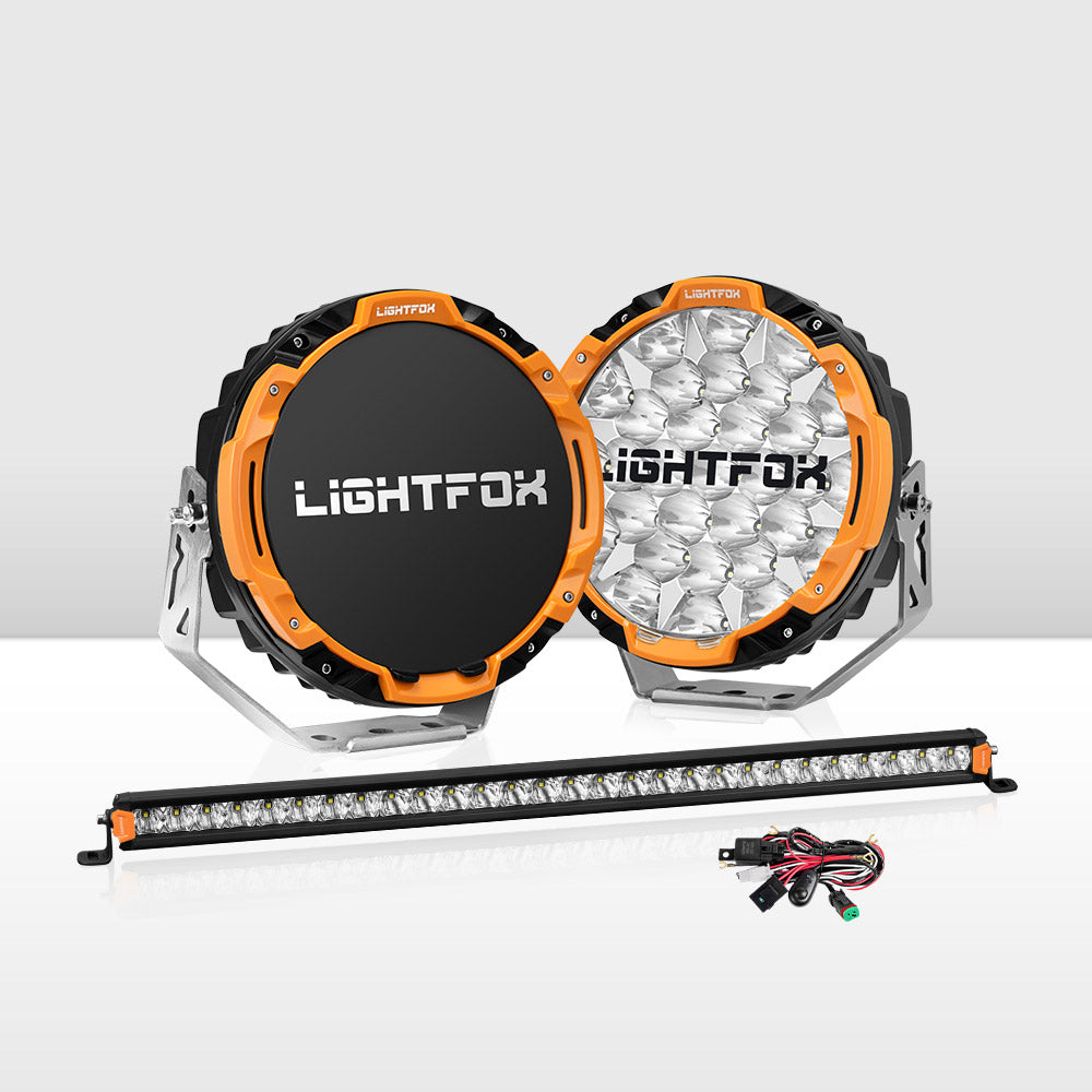 Lightfox Osram 9" LED Driving Lights + 28" Single Row LED Light Bar w/ Wiring Kit
