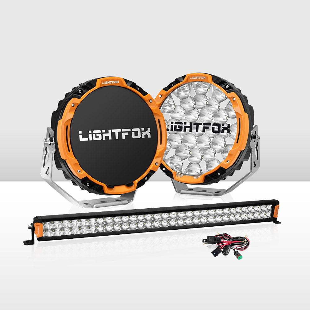 Lightfox Osram 9" LED Driving Lights + 30" Dual Row LED Light Bar w/ Wiring Kit