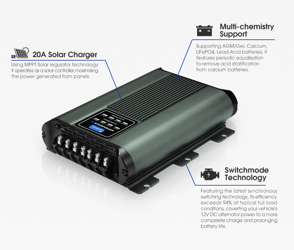 Atem Power 12V 20A DC to DC Battery Charger MPPT System Kit Isolator Dual Battery